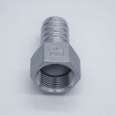 304 Stainless Steel one inch Female NPT to one inch Hose Barb Adapter. Angled to show NPT threads. Photo credit: TCfittings.com.