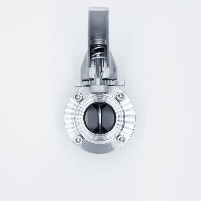 304 Stainless Steel Squeeze Trigger Butterfly Valve with 1.5 inch Sanitary Tri Clamp Ends. Bottom view. Photo Credit: TCfittings.com