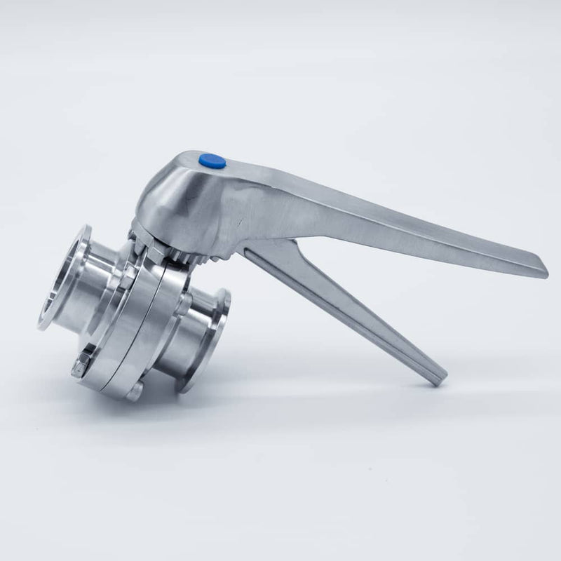 304 Stainless Steel Squeeze Trigger Butterfly Valve with 1.5 inch Sanitary Tri Clamp Ends. Side view. Photo Credit: TCfittings.com