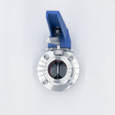 1.5 inch Tri-Clamp Compatible butterfly valve with plastic handle and silicone seal. Bottom View. Photo Credit: TCfittings.com