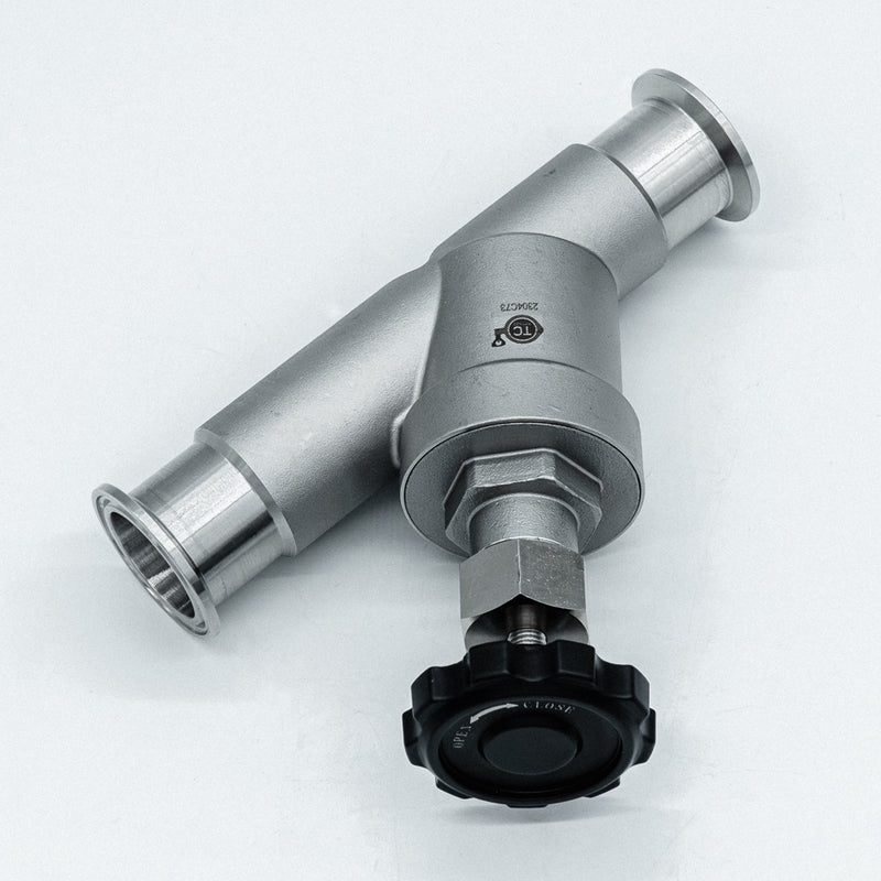 Angled top view of a 1.5" Tri-Clamp compatible angle seat valve. Photo credit tcfittings.com