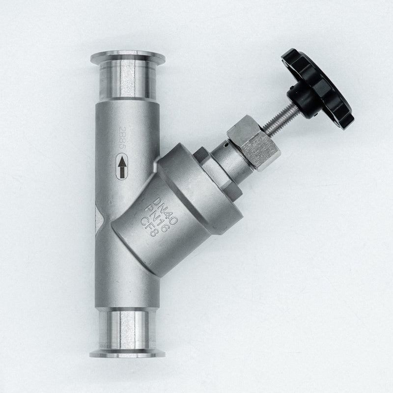 Back view of a 1.5" Tri-Clamp compatible angle seat valve. Photo credit tcfittings.com