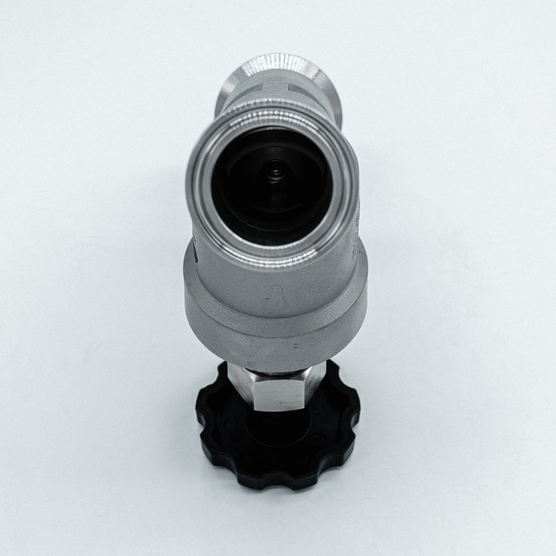 Inner closed view of a 1.5" Tri-Clamp compatible angle seat valve. Photo credit tcfittings.com