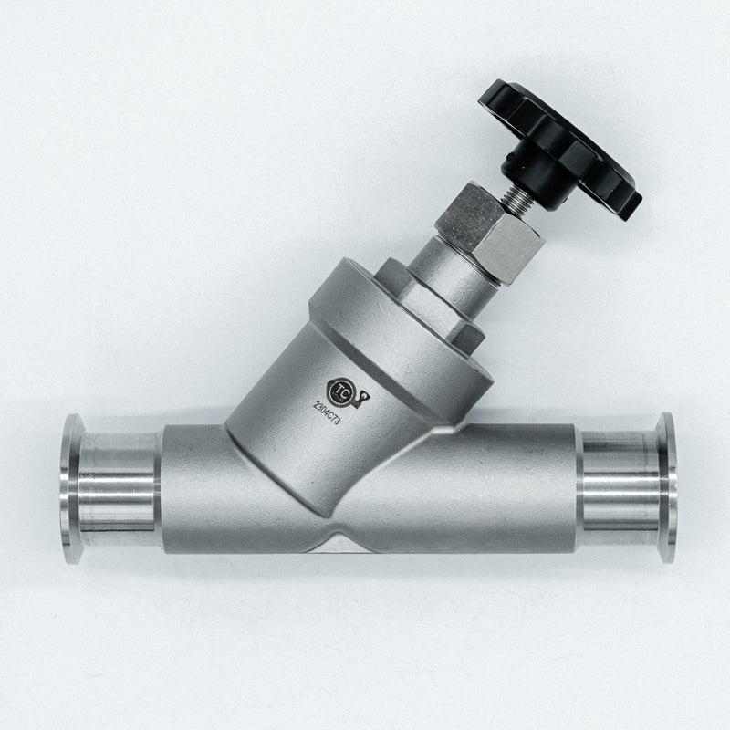Front view of a 1.5" Tri-Clamp compatible angle seat valve. Photo credit tcfittings.com