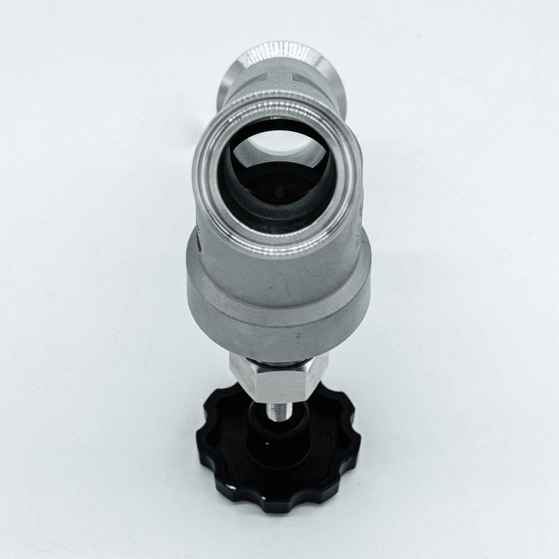 Inner open view of a 1.5" Tri-Clamp compatible angle seat valve. Photo credit tcfittings.com