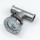 1.5 inch Tri-Clamp Compatible Temperature Gauge with 2” Probe. Top Angled view in Tri-Clamp Tee. Photo Credit: TCfittings.com