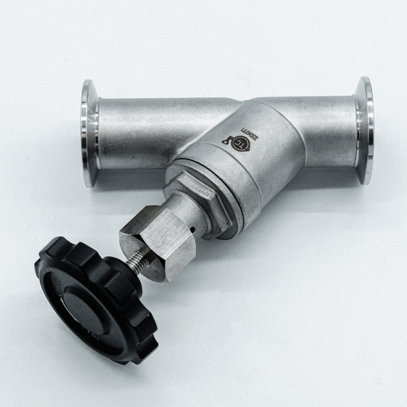 1 inch Tri-Clamp Compatible Angle Seat Valve. Angled view. Photo Credit: TCfittings.com
