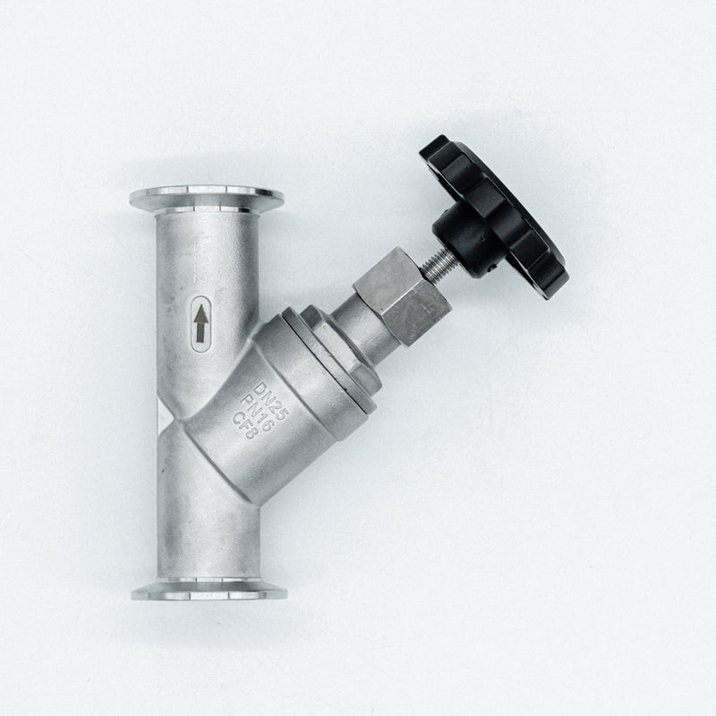 1 inch Tri-Clamp Compatible Angle Seat Valve. Top-Down view. Photo Credit: TCfittings.com