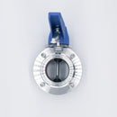2 inch Tri-Clamp Compatible butterfly valve with plastic handle and silicone seal. Bottom View. Photo Credit: TCfittings.com