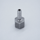 316 stainless steel 1/4-inch female NPT to 5/16-inch hose barb adapter, angled view showing the hex body and hose barb