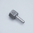 1/4-inch female NPT to 5/16-inch hose barb adapter in 316 stainless steel, upright side view.