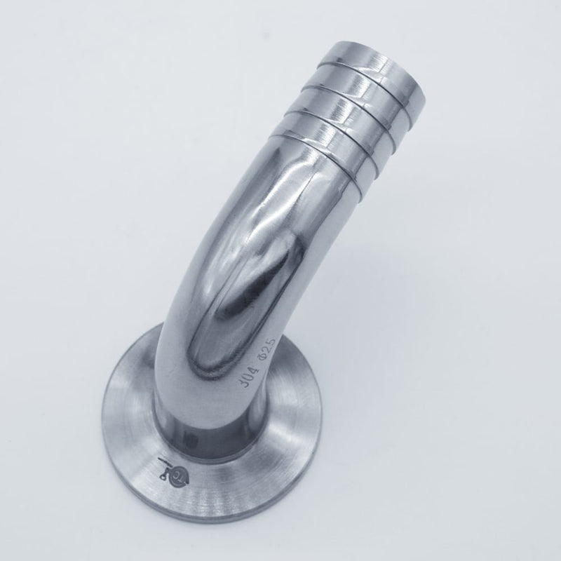 1.5-inch Tri-Clamp x 1-inch Hose Barb adapter with 90-degree bend. Top View. Photo Credit: TCfittings.com