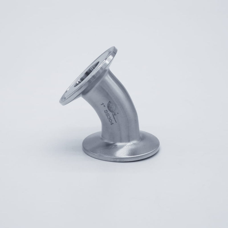 304 Stainless Steel 1 inch Tri-Clamp Compatible 45 degree Elbow. Angled view. Photo Credit: TCfittings.com