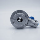 304 Stainless Steel Pull Trigger Butterfly Valve with 1 inch Sanitary Tri Clamp Ends. Bottom view. Photo Credit: TCfittings.com