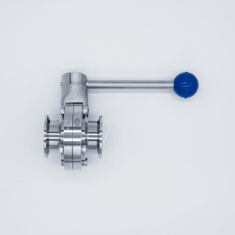 304 Stainless Steel Pull Trigger Butterfly Valve with 1 inch Sanitary Tri Clamp Ends. Side view. Photo Credit: TCfittings.com