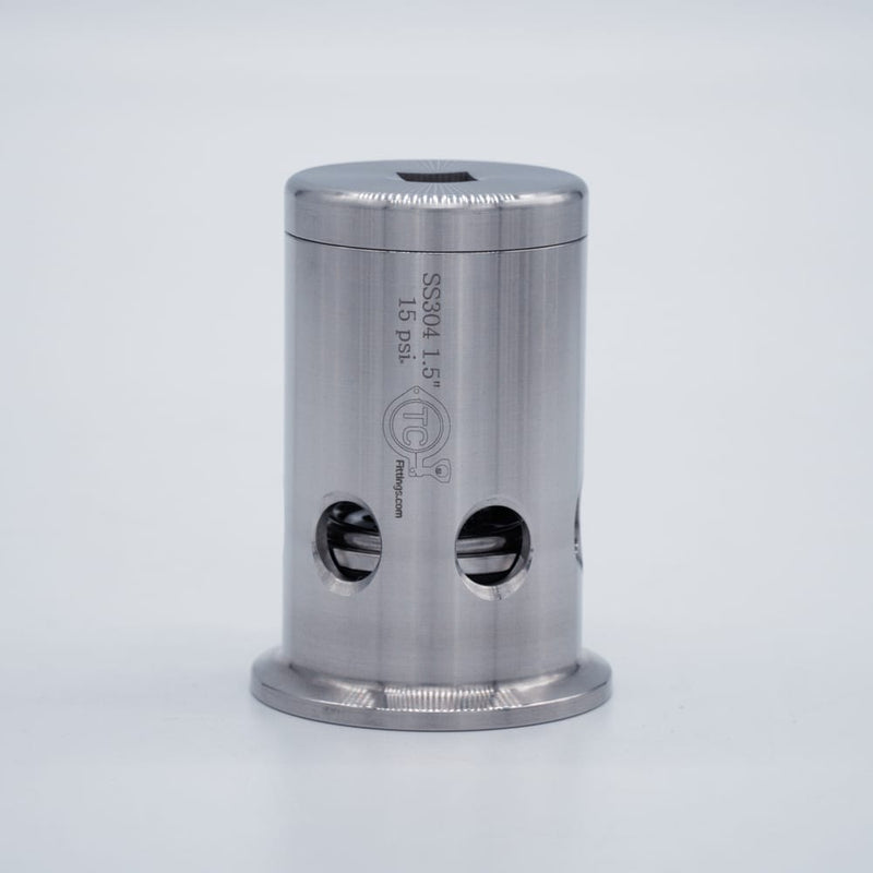 304 Stainless Steel 1.5  inch Tri Clamp Compatible 15psi PRV. Side view. Photo Credit: TCfittings.com