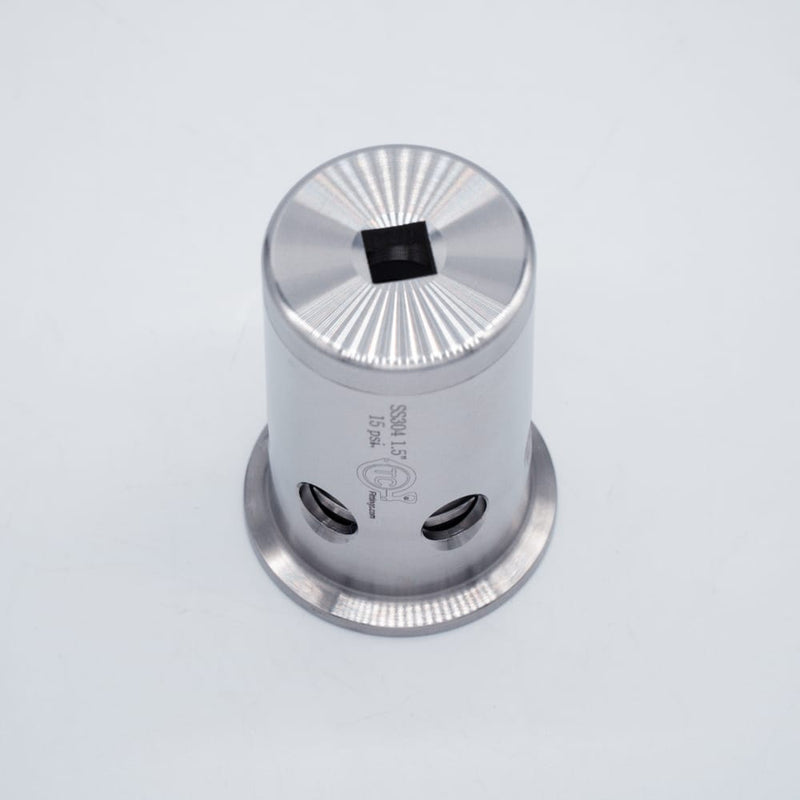 304 Stainless Steel 1.5 inch Tri Clamp Compatible 15psi PRV. Top angled view. Photo Credit: TCfittings.com