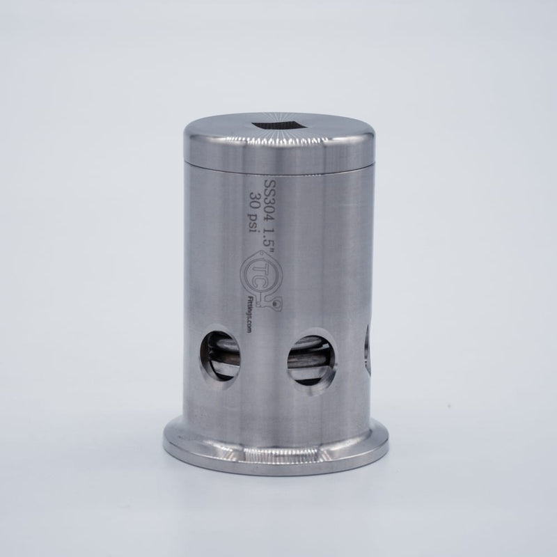 304 Stainless Steel 1.5  inch Tri Clamp Compatible 30psi PRV. Side view. Photo Credit: TCfittings.com