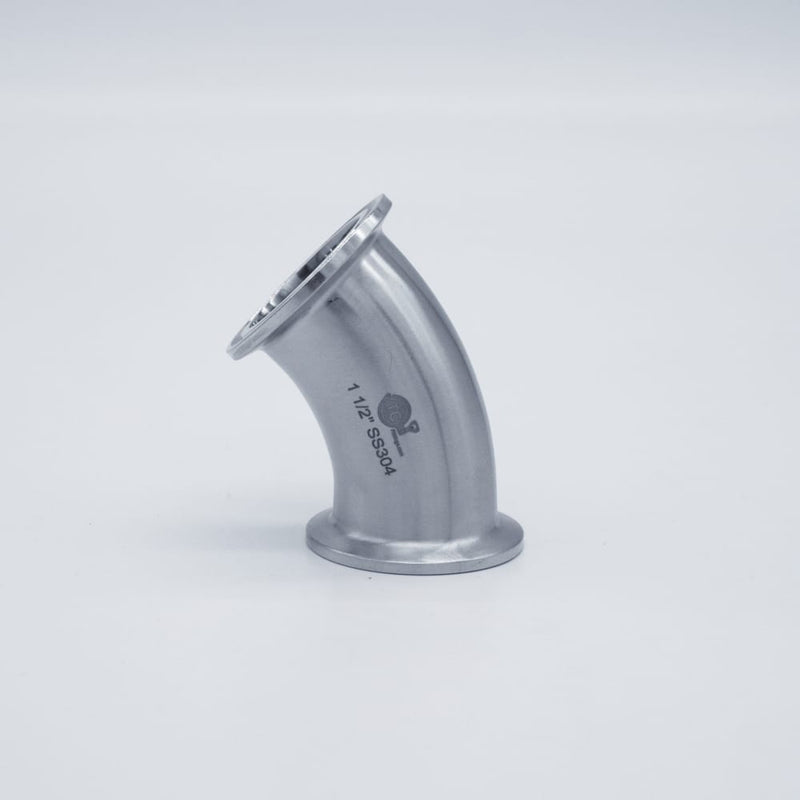 304 Stainless Steel 1.5 inch Tri-Clamp Compatible 45 degree Elbow. Angled view. Photo Credit: TCfittings.com