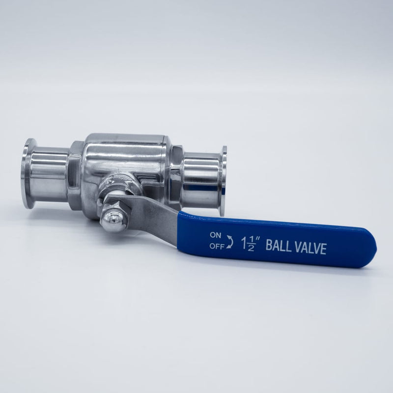 1.5-inch Tri-Clamp Compatible Ball Valve. Top View showing handle with text. Photo Credit: TCfittings.com
