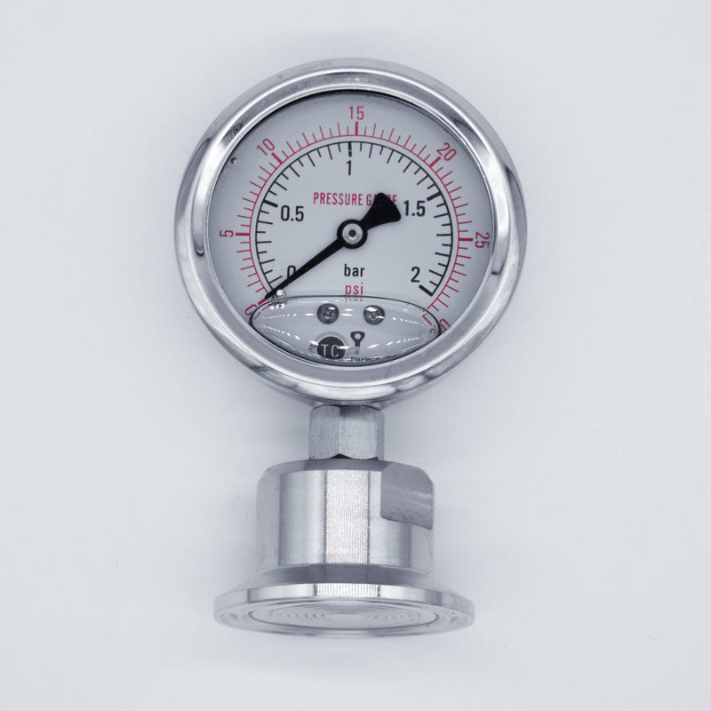 304 Stainless Steel bodied Tri-Clamp compatible Pressure Gauge, 0 to 30 psi. Photo Credit: TCfittings.com