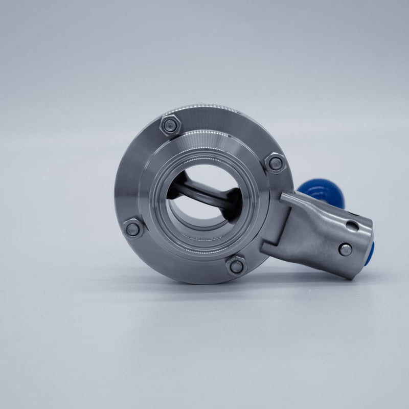 304 Stainless Steel Pull Trigger Butterfly Valve with 1.5 inch Sanitary Tri Clamp Ends. Bottom view. Photo Credit: TCfittings.com