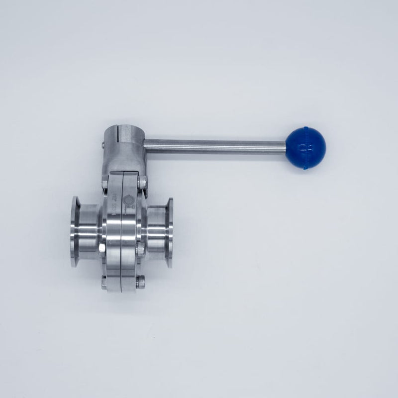 304 Stainless Steel Pull Trigger Butterfly Valve with 1.5 inch Sanitary Tri Clamp Ends. Side view. Photo Credit: TCfittings.com