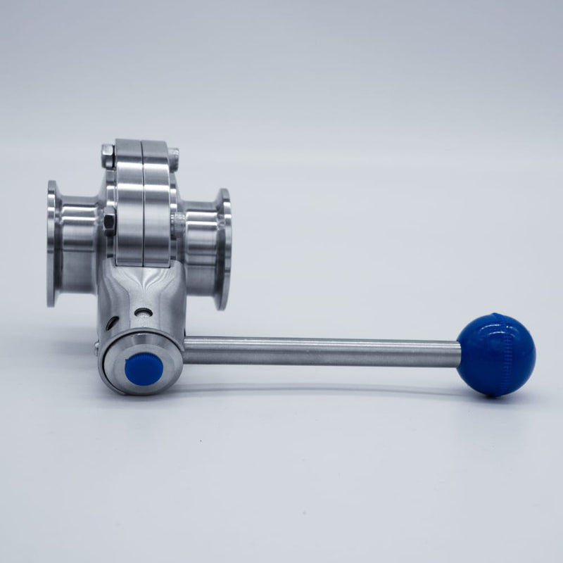 304 Stainless Steel Pull Trigger Butterfly Valve with 1.5 inch Sanitary Tri Clamp Ends. Top view. Photo Credit: TCfittings.com