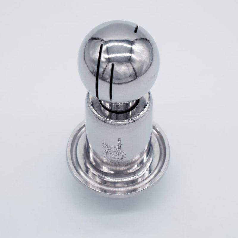 304 Stainless Steel 1.5 inch Tri-Clamp Compatible Spray Ball with 1/2inch Female NPT Inlet Connection. Angled view. Photo Credit: TCfittings.com