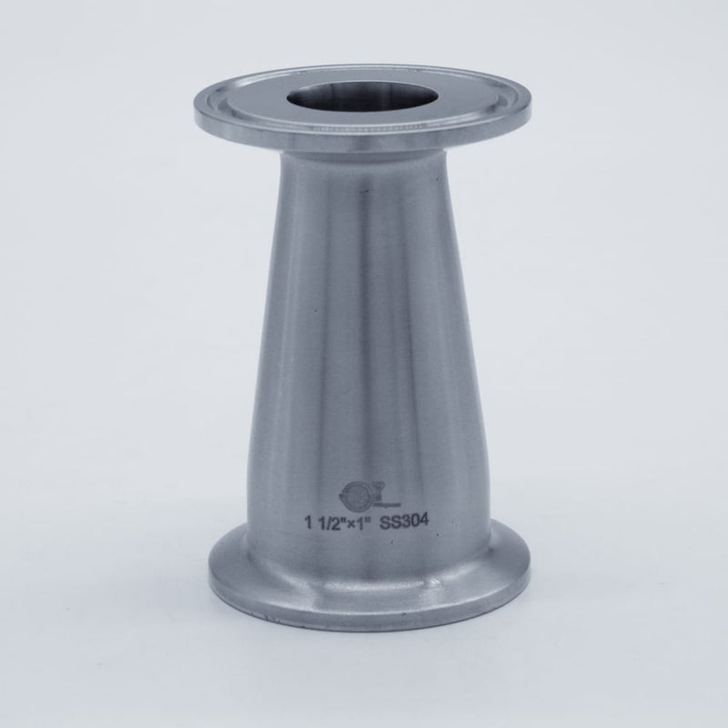 304 Stainless Steel 1.5 inch to 1 inch Concentric Reducer. Side view. Photo Credit: TCfittings.com