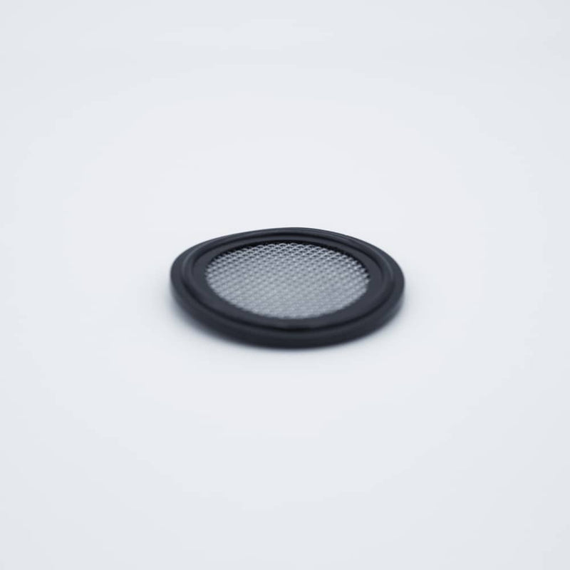 Black EPDM one and half inch Tri Clamp Gasket with a 20 mesh (841 Micron) screen. Angled view to show thickness. Photo Credit: TCfittings.com