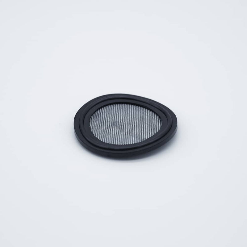 Black EPDM one and half inch Tri Clamp Gasket with a 40 mesh (400 micron) screen. Angled view to show thickness. Photo Credit: TCfittings.com