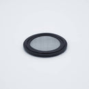 Black EPDM one and half inch Tri Clamp Gasket with a 80 mesh (177 micron) screen. Angled view to show thickness. Photo Credit: TCfittings.com
