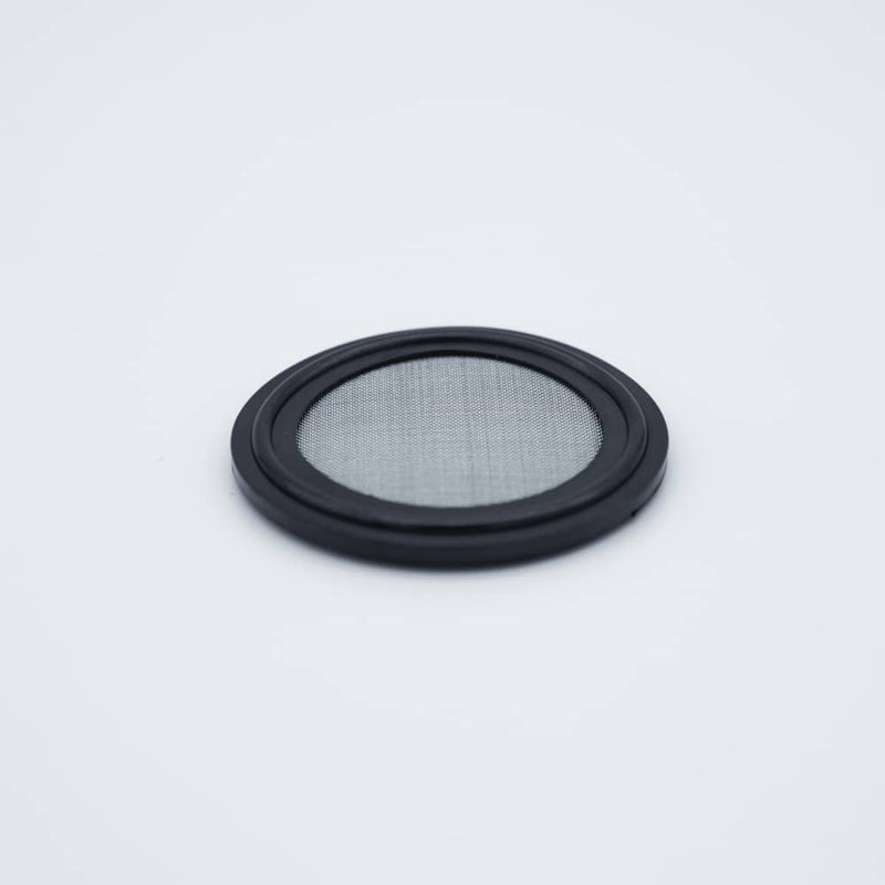 Black EPDM one and half inch Tri Clamp Gasket with a 80 mesh (177 micron) screen. Angled view to show thickness. Photo Credit: TCfittings.com
