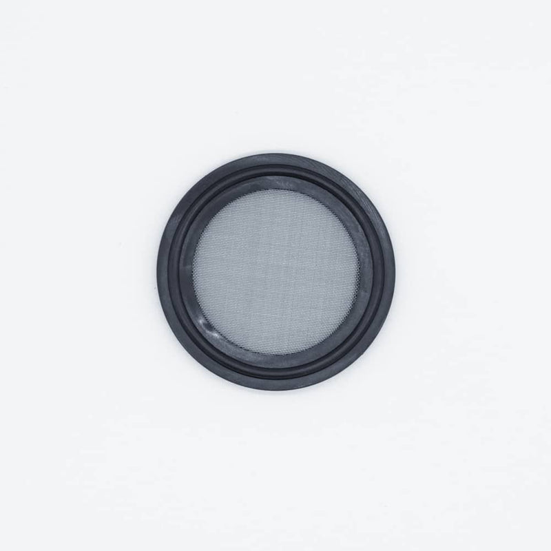 Black EPDM one and half inch Tri Clamp Gasket with a 80 mesh (177 micron) screen. Top view to show mesh. Photo credit: TCfittings.com.