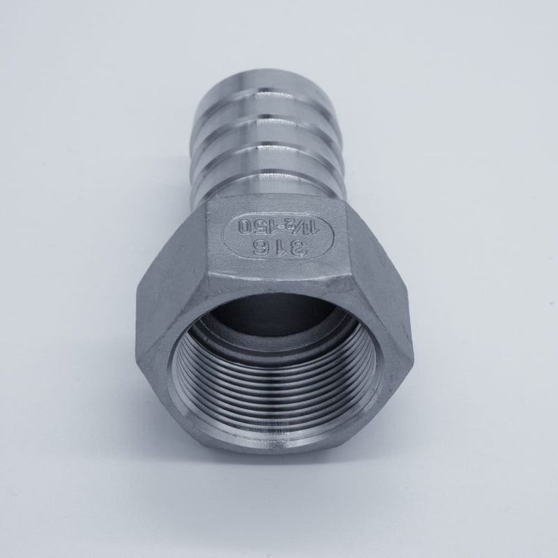304 Stainless Steel one and a half  inch Female NPT to one and a half  inch Hose Barb. Angled view of the NPT threads. Photo credit: TCfittings.com.