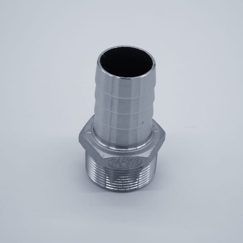 304 Stainless Steel one and a half inch Male NPT to one and half inch Hose Barb. Side profile. Photo credit: TCfittings.com.