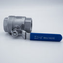 304 Stainless Steel one and a half inch ball valve with Female NPT connections. Top view. Photo credit: TCfittings.com.