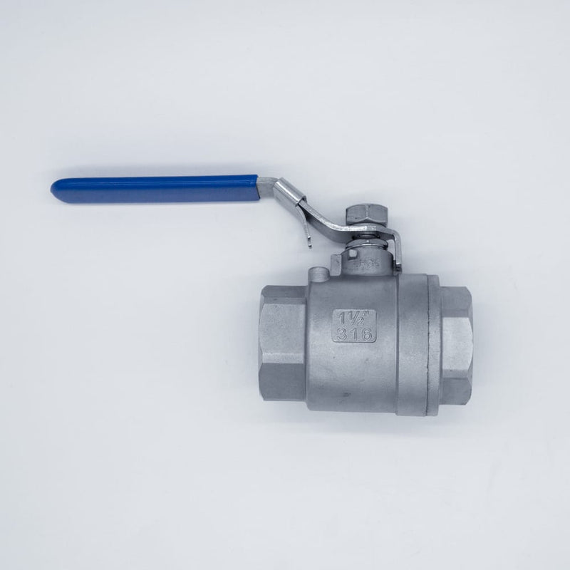 304 Stainless Steel one and a half inch ball valve with Female NPT connections. Side profile. Photo credit: TCfittings.com.