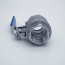 304 Stainless Steel one and a half inch ball valve with Female NPT connections. Top view. Photo credit: TCfittings.com.