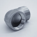 304 Stainless Steel one and a half inch Male NPT to one and half inch Female NPT 90 degree street elbow. Angled to show female threads. Photo credit: TCfittings.com.
