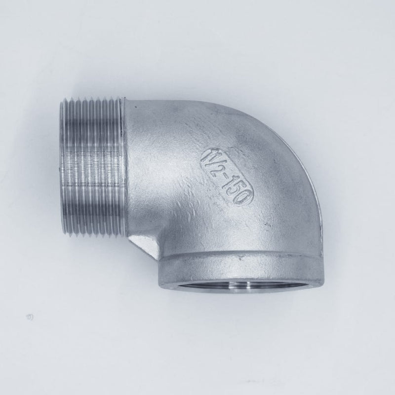 304 Stainless Steel one and a half inch Male NPT to one and half inch Female NPT 90 degree street elbow. Side profile. Photo credit: TCfittings.com.
