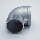 304 Stainless Steel one and a half inch Male NPT to one and half inch Female NPT 90 degree street elbow. Angled to show male threads. Photo credit: TCfittings.com.