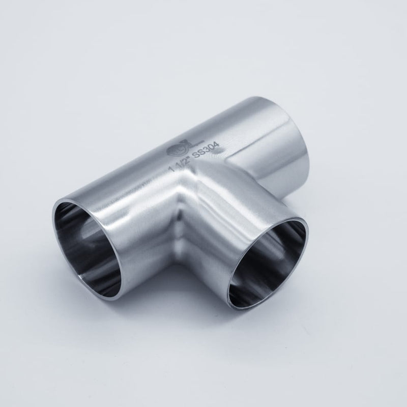 304 Stainless Steel 1.5-inch Weld Tee - to be welded in-line with 1.5-inch tubing. Angled View. Photo Credit: TCfittings.com