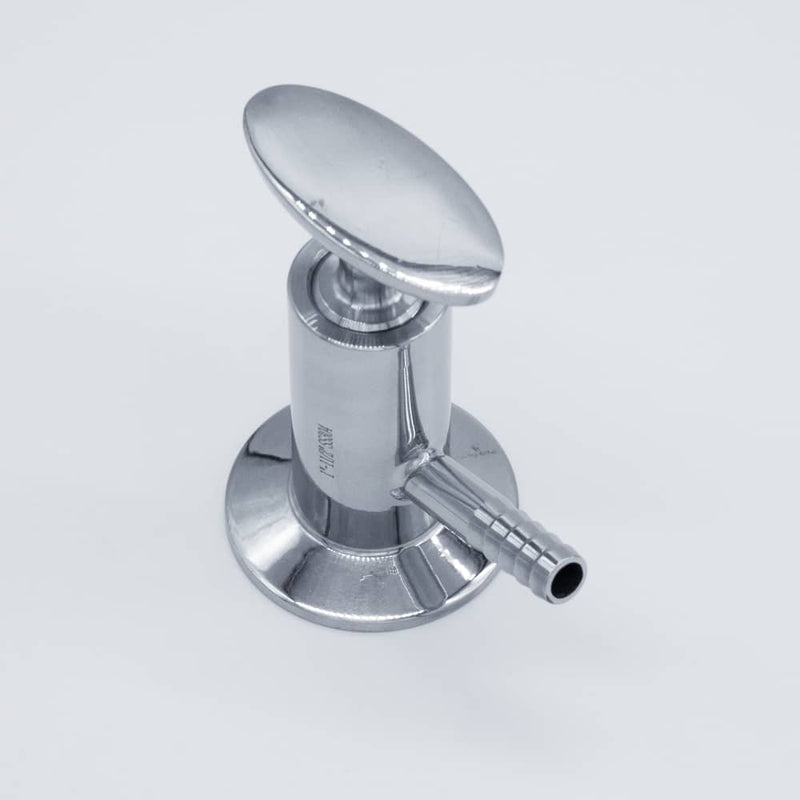 304 Stainless Steel Sample Valve with 3/8" Barb. Top angled view to show the twist knob. Photo Credit: TCfittings.com