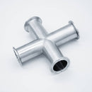 304 Stainless Steel Tri Clamp compatible Cross. Angled view to show Tri-Clamp connections and inner diameter. Photo Credit: TCfittings.com