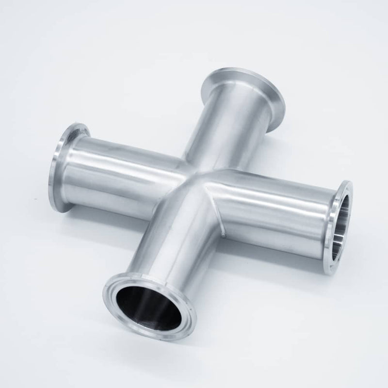 304 Stainless Steel Tri Clamp compatible Cross. Angled view to show Tri-Clamp connections and inner diameter. Photo Credit: TCfittings.com