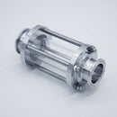 304 Stainless Steel and Borosilicate Glass tri-clamp compatible Sight Glass. Angled view to show the tri-clamp connections. Photo Credit: TCfittings.com
