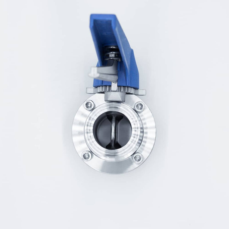 304 Stainless Steel Squeeze Trigger Butterfly Valve with 1.5 inch Sanitary Tri Clamp Ends. Bottom view. Photo Credit: TCfittings.com
