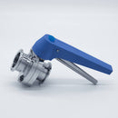 304 Stainless Steel Squeeze Trigger Butterfly Valve with 1.5 inch Sanitary Tri Clamp Ends. Side view. Photo Credit: TCfittings.com